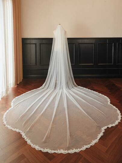 1pc Simple Ivory Colored Long Bridal Veil With Train