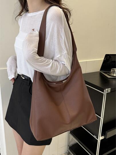 咖啡色/黑色纯色 PU 大容量磁性休闲时尚单肩手提包适合女生日常使用单肩手提包