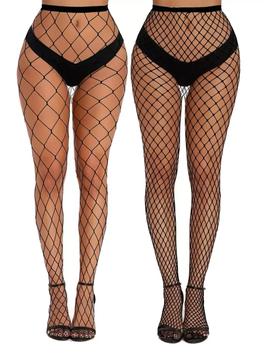 2pairs Women's Sexy Fishnet Stockings Hollow Out Anti-hook Tights, Small Mesh Pattern - Black - View 1