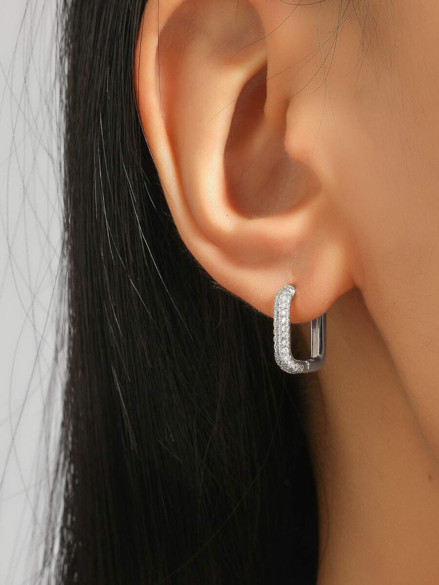 2pcs Mini Geometric Copper Inlaid Rhinestone Rectangle Earrings For Women's Daily Wear, Party, Wedding - Silver - View 1