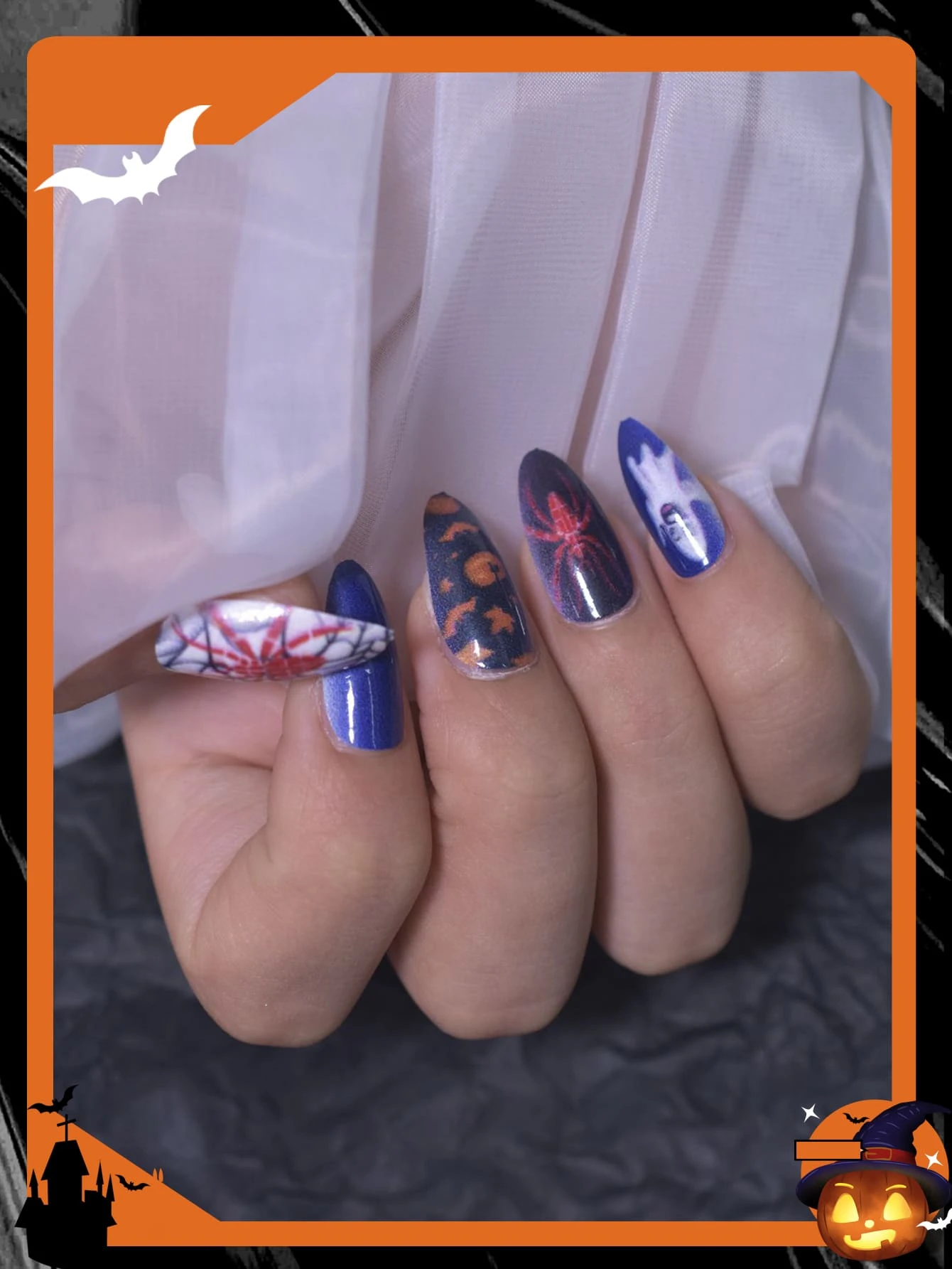 Elevate Your Style With 24Pcs Medium Long Pointed Nail Painted Halloween Full Coverage Nail Set For Women & Girl Press On Nails Nail Supplies Nails - Multicolor - View 1