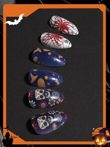 Elevate Your Style With 24Pcs Medium Long Pointed Nail Painted Halloween Full Coverage Nail Set For Women & Girl Press On Nails Nail Supplies Nails - Multicolor - View 4