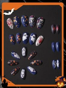 Elevate Your Style With 24Pcs Medium Long Pointed Nail Painted Halloween Full Coverage Nail Set For Women & Girl Press On Nails Nail Supplies Nails - Multicolor - View 3