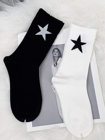 2 Paires De Chaussettes Unisexe Mi-mollet Avec Couleur Unie, Motif Étoiles Et Éclairs, Convient Pour Les Loisirs En Plein Air