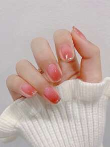 24入組長款方形漸變腮紅法語金色亮片假的甲片帶1入組果凍膠水貼紙和1入組指甲銼 - 彩色 - 查看 1