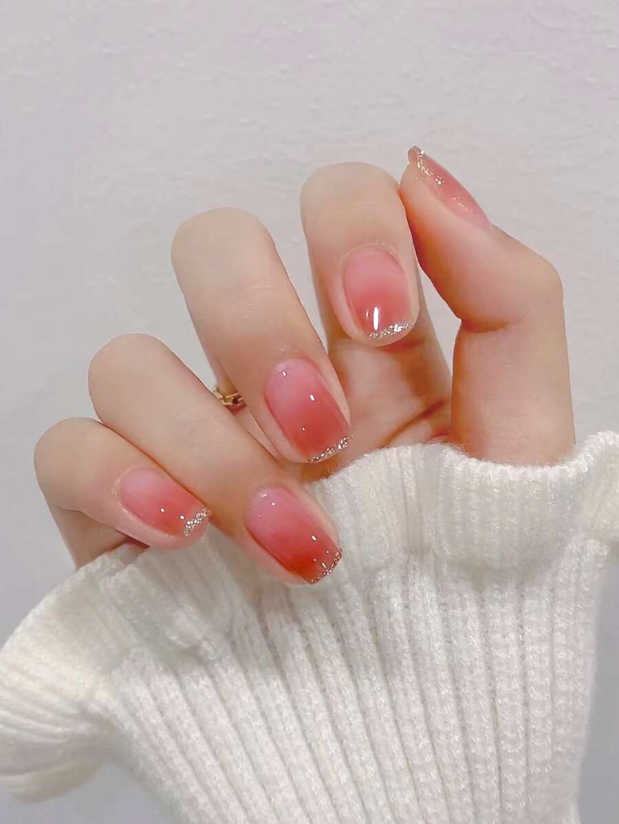 24入組長款方形漸變腮紅法語金色亮片假的甲片帶1入組果凍膠水貼紙和1入組指甲銼 - 彩色 - 查看 1