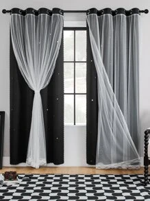 1 Miếng In Rèm chắn Với Hai lớp & Rỗng Ngôi sao Thiết kế Đối với Phòng ngủ Hoặc Phòng khách - màu đen - Xem 1
