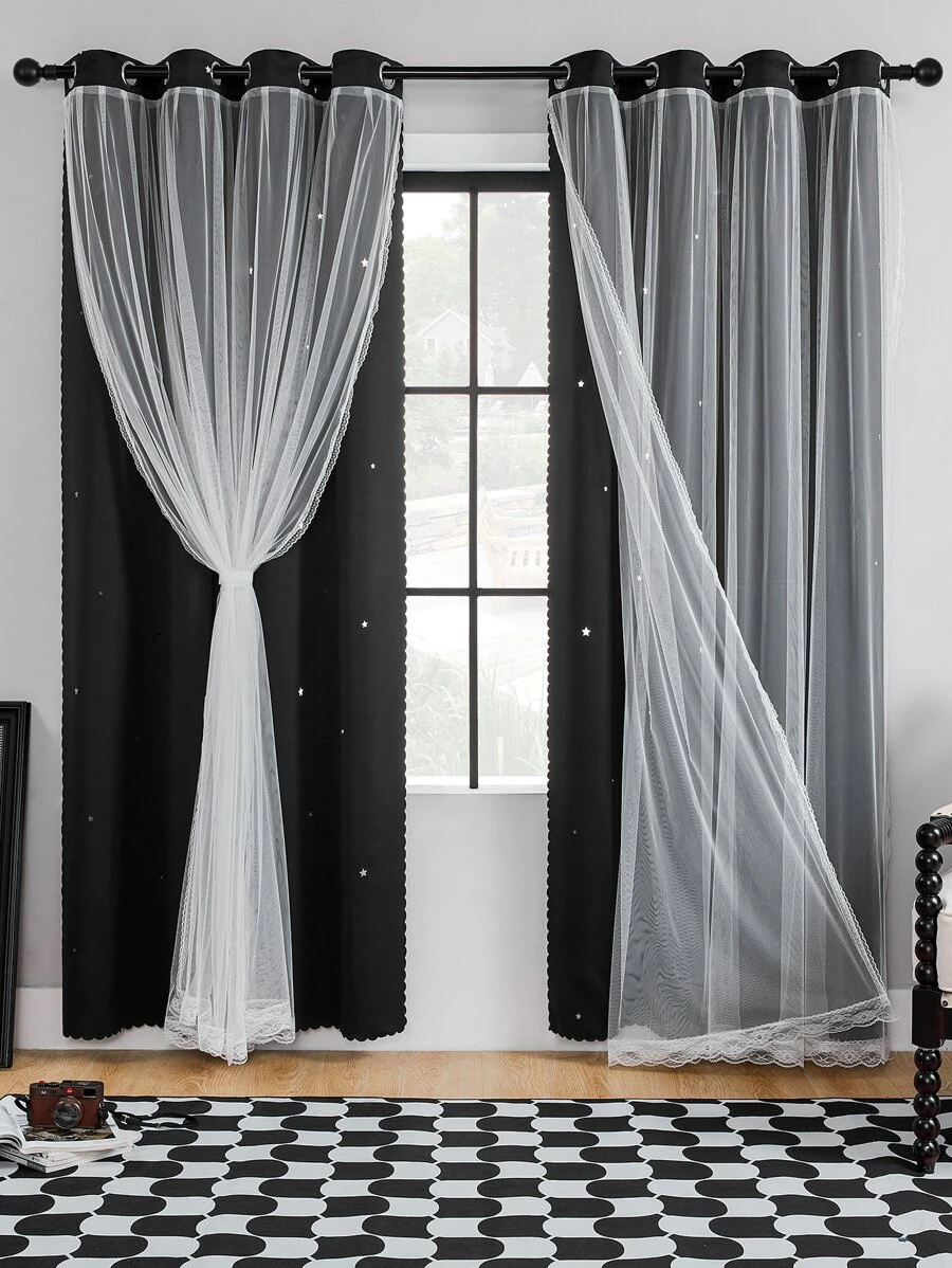 1 Miếng In Rèm chắn Với Hai lớp & Rỗng Ngôi sao Thiết kế Đối với Phòng ngủ Hoặc Phòng khách - màu đen - Xem 1