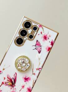 花卉图案手机壳带指环支架，国际版，非国内版 - 白色 - 查看 3