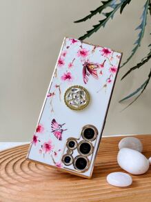 花卉图案手机壳带指环支架，国际版，非国内版 - 白色 - 查看 5