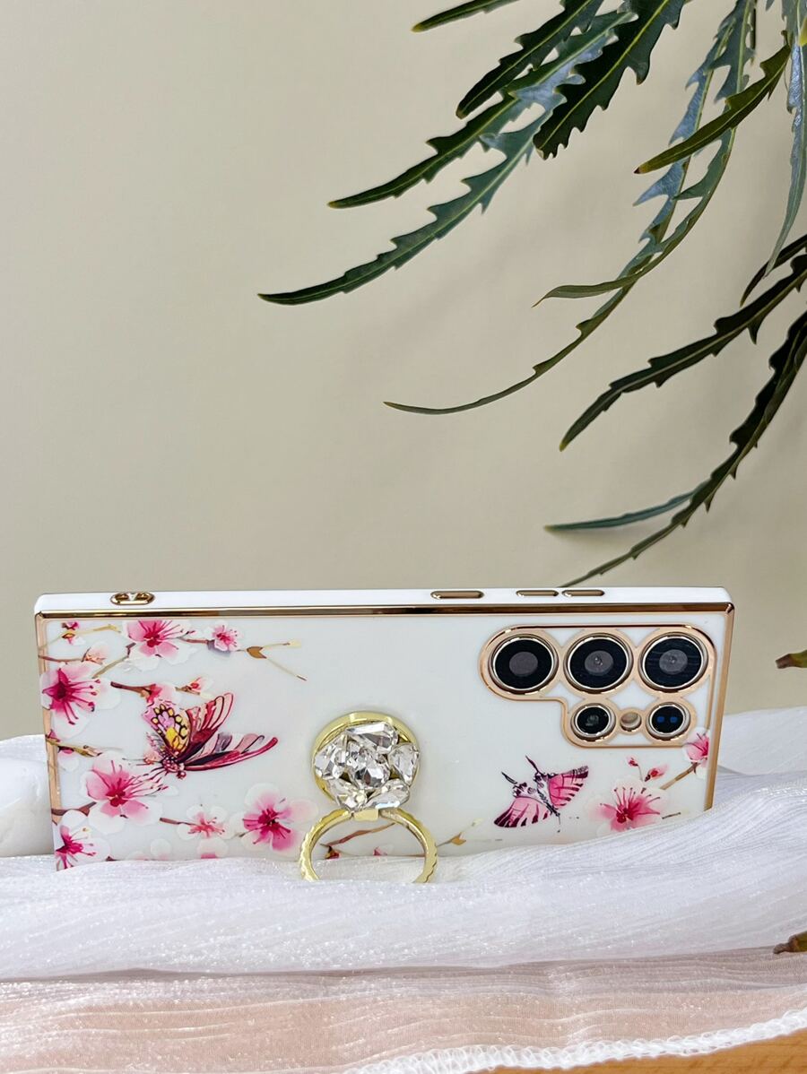 花卉图案手机壳带指环支架，国际版，非国内版 - 白色 - 查看 1