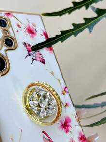 花卉图案手机壳带指环支架，国际版，非国内版 - 白色 - 查看 2