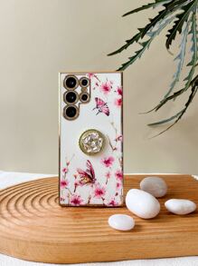 花卉图案手机壳带指环支架，国际版，非国内版 - 白色 - 查看 4