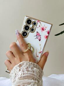 花卉图案手机壳带指环支架，国际版，非国内版 - 白色 - 查看 6