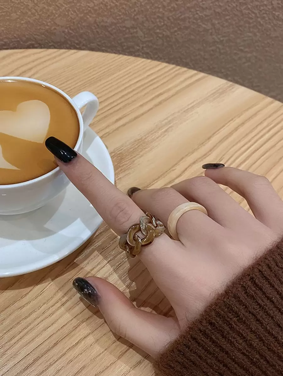 1set Brown Minimalist Twisted Plate Material Rings, 2pcs/set - Brown - View 1