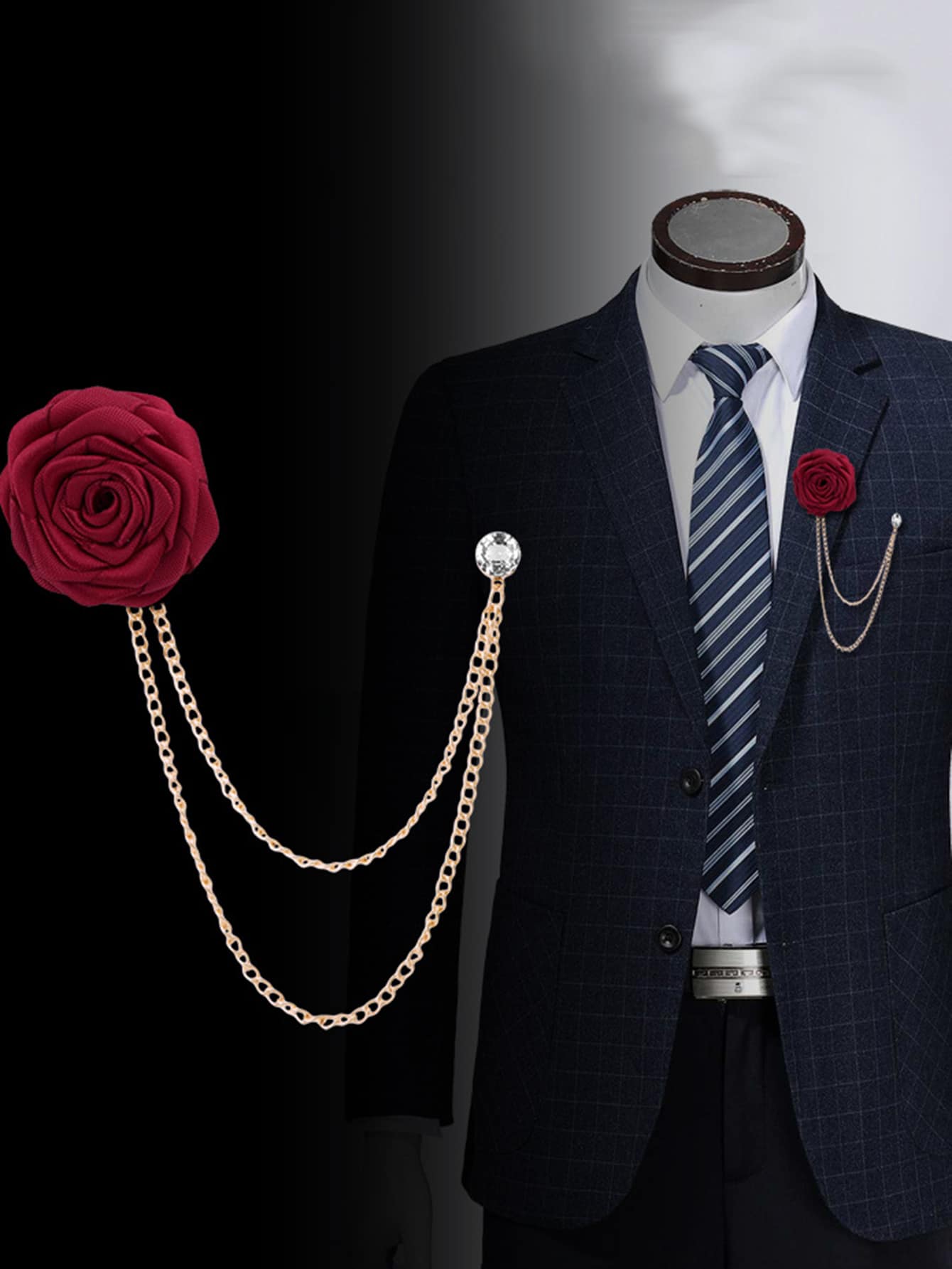 1pc Rose Flower Brooch With Tassel Chain For Wedding Suit Accessories, Men - Red - View 1