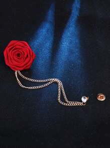 1pc Rose Flower Brooch With Tassel Chain For Wedding Suit Accessories, Men - Red - View 2