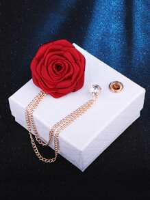 1pc Rose Flower Brooch With Tassel Chain For Wedding Suit Accessories, Men - Red - View 5