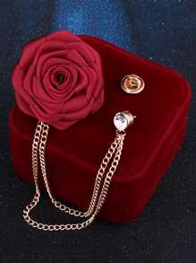 1pc Rose Flower Brooch With Tassel Chain For Wedding Suit Accessories, Men - Red - View 3