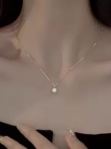 1 件女士钛钢单颗珍珠吊坠项链 - 白色 - 查看 1