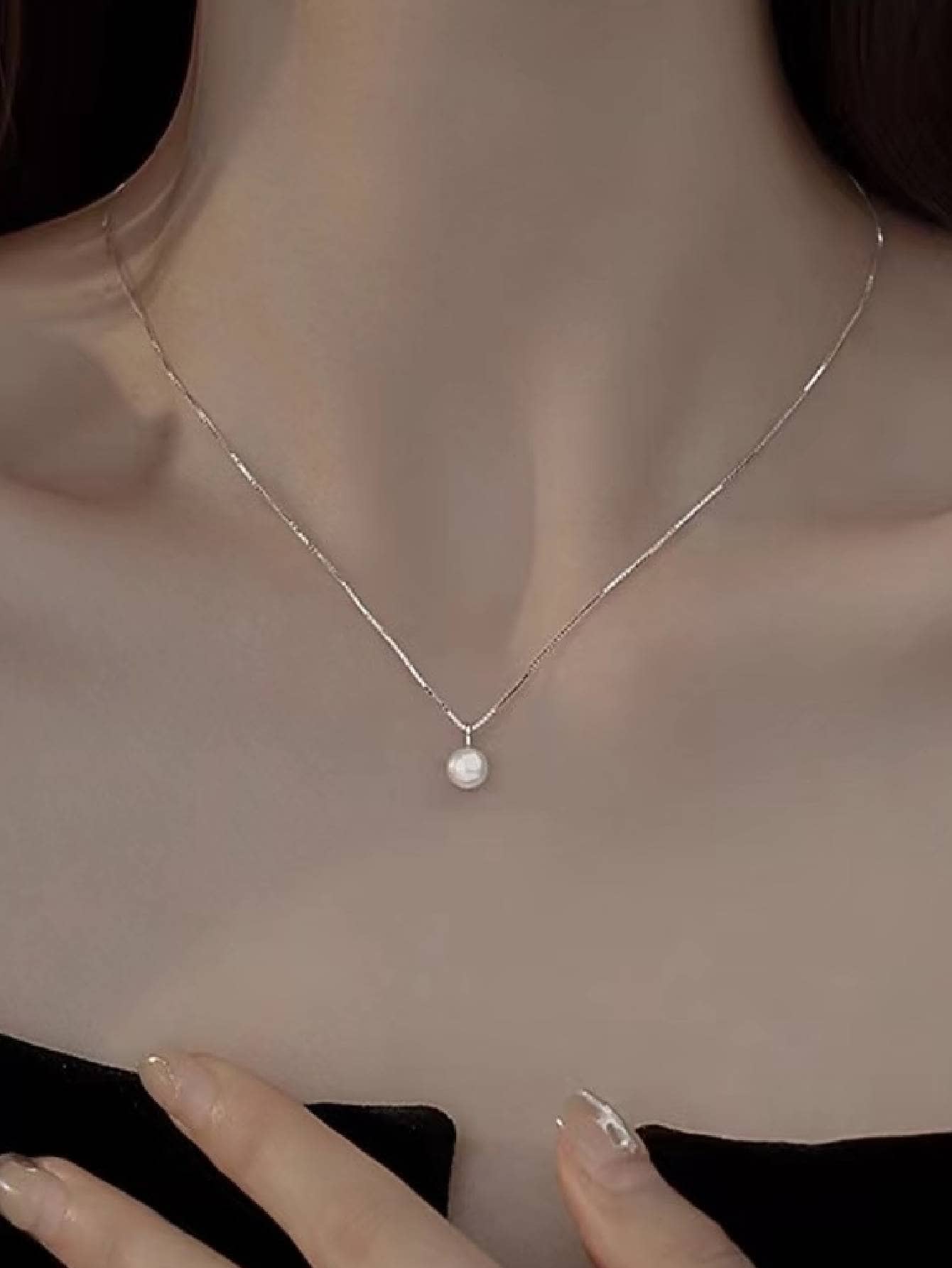 1 件女士钛钢单颗珍珠吊坠项链 - 白色 - 查看 1