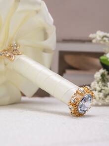 結婚手捧花,鑲有鑽石和純色緞帶裝飾,適合作為新娘禮物或情人節禮物,顏色為金色 - 金色 - 查看 4