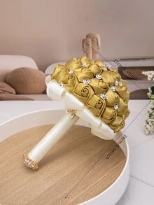 結婚手捧花,鑲有鑽石和純色緞帶裝飾,適合作為新娘禮物或情人節禮物,顏色為金色 - 金色 - 查看 3