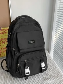 Lightweight, Business Casual Waterproof, Portable Letter Patch Decor Functional Backpack School Bag For Graduate, Teen Girls, Freshman, Sophomore, Junior & Senior In College, University & High School, Perfect For Outdoors, Travel & Back To School For Teen Girls Boys And Men, College, Elementary School, Middle School, High School, Work, Business, Commute, Outdoors - Black - View 2