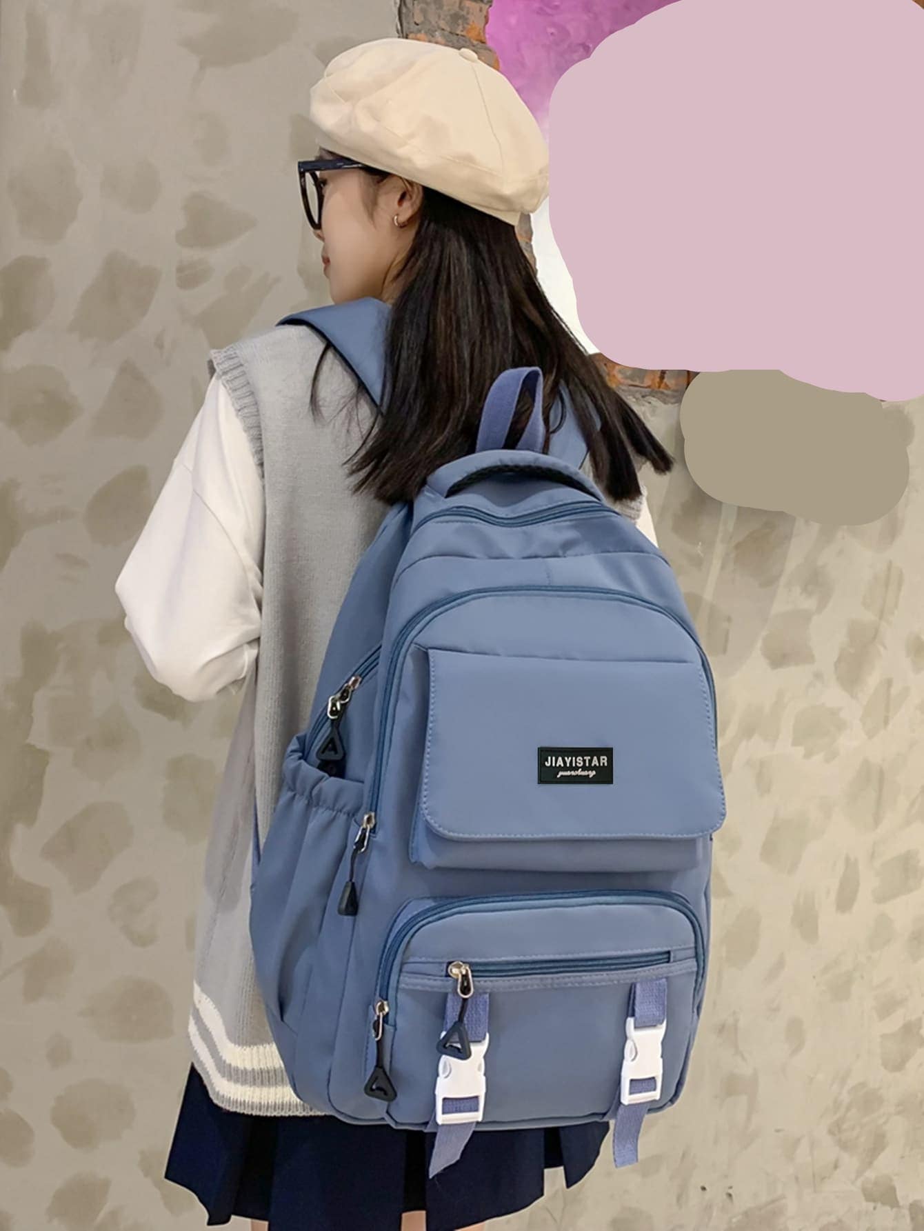 Waterproof,Portable Letter Patch Decor Functional Backpack School Bag For Graduate, Teen Girls, Freshman, Sophomore, Junior & Senior In College, University & High School, Perfect For Outdoors,Travel & Back To School, School Supplies,School Backpack,Back To School,Large Capacity, Suitable For Teen Girls Women College Students,Boys And Men - Dusty Blue - View 1