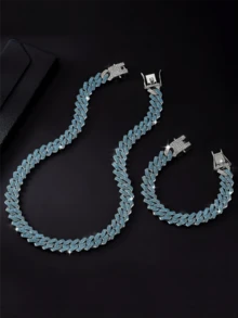 1set Blue Cubic Zirconia Necklace And Bracelet Set - Multicolor - View 1