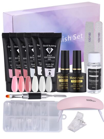 15入組聚脂指甲延伸凝膠套件,附帶uv Led燈- 6種顏色聚脂指甲凝膠套件（粉色,透明,白色）,並附有底膜、面膜、指甲表弄形筆、美甲套件,diy美甲