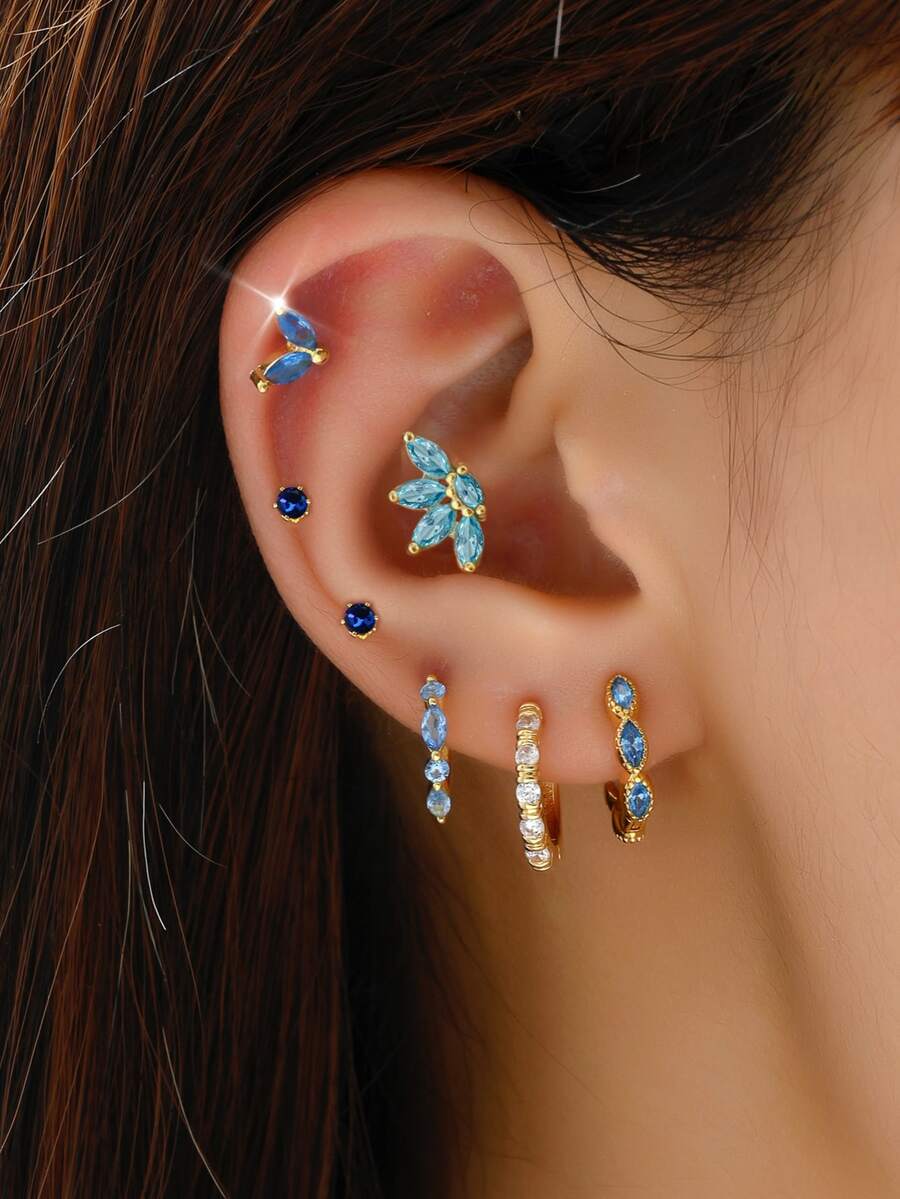 7pcs/set Stylish & Delicate Blue Chain Dangle Earrings Suit For Women's Daily, Party And Festival Wearing - Yellow Gold - View 1