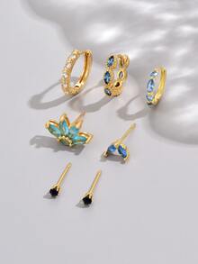 7pcs/set Stylish & Delicate Blue Chain Dangle Earrings Suit For Women's Daily, Party And Festival Wearing - Yellow Gold - View 4