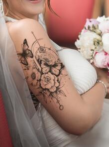 STARTTOOS 1 件黑色花朵与蝴蝶图案大花手臂/胸部/背部临时纹身贴纸 - 黑色 - 查看 3