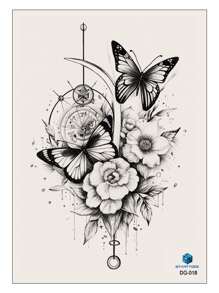 STARTTOOS 1 件黑色花朵与蝴蝶图案大花手臂/胸部/背部临时纹身贴纸 - 黑色 - 查看 4