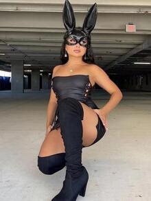 1 pieza Máscara de conejo negra PP decorada con diseño sencillo de media cara para mujer, ideal para Halloween y uso diario, adecuada para fiestas de baile u otros eventos. Bonita. - Negro - Ver 5