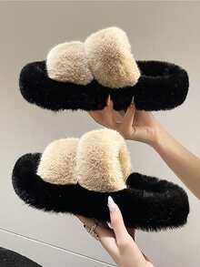 Women's Home Slippers Furry Slides - Khaki - View 2