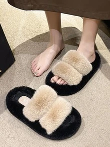 Women's Home Slippers Furry Slides - Khaki - View 1