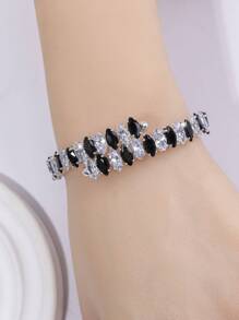 1個時尚的瑪瑙和人造黑白間隔可調節手鐲,適合女性日常佩戴 - 銀色 - 查看 1