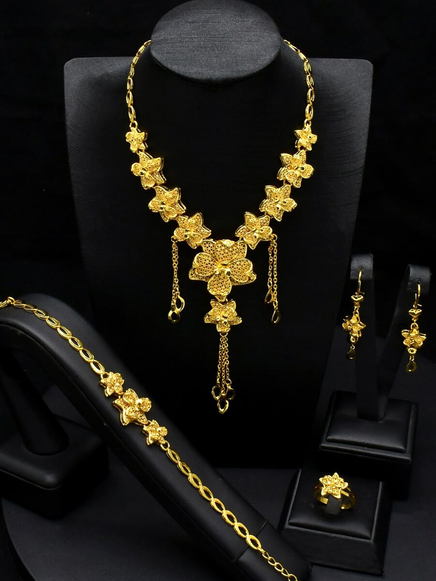 4件套铜质首饰套装，巴基斯坦首饰，镀金新娘首饰套装，包括手链、耳环、戒指，迪拜女士首饰 - 金黃色 - 查看 1