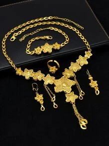 4件套铜质首饰套装，巴基斯坦首饰，镀金新娘首饰套装，包括手链、耳环、戒指，迪拜女士首饰 - 金黃色 - 查看 3