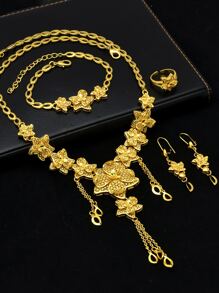 4件套铜质首饰套装，巴基斯坦首饰，镀金新娘首饰套装，包括手链、耳环、戒指，迪拜女士首饰 - 金黃色 - 查看 4