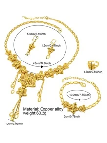 4件套铜质首饰套装，巴基斯坦首饰，镀金新娘首饰套装，包括手链、耳环、戒指，迪拜女士首饰 - 金黃色 - 查看 6