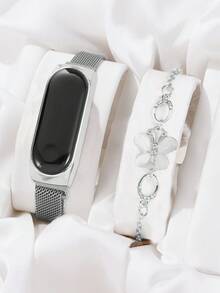 1 Miếng Quý cô Dây đeo lưới Led Đồng hồ Và 1 Miếng Vòng tay - Bạc - Xem 1