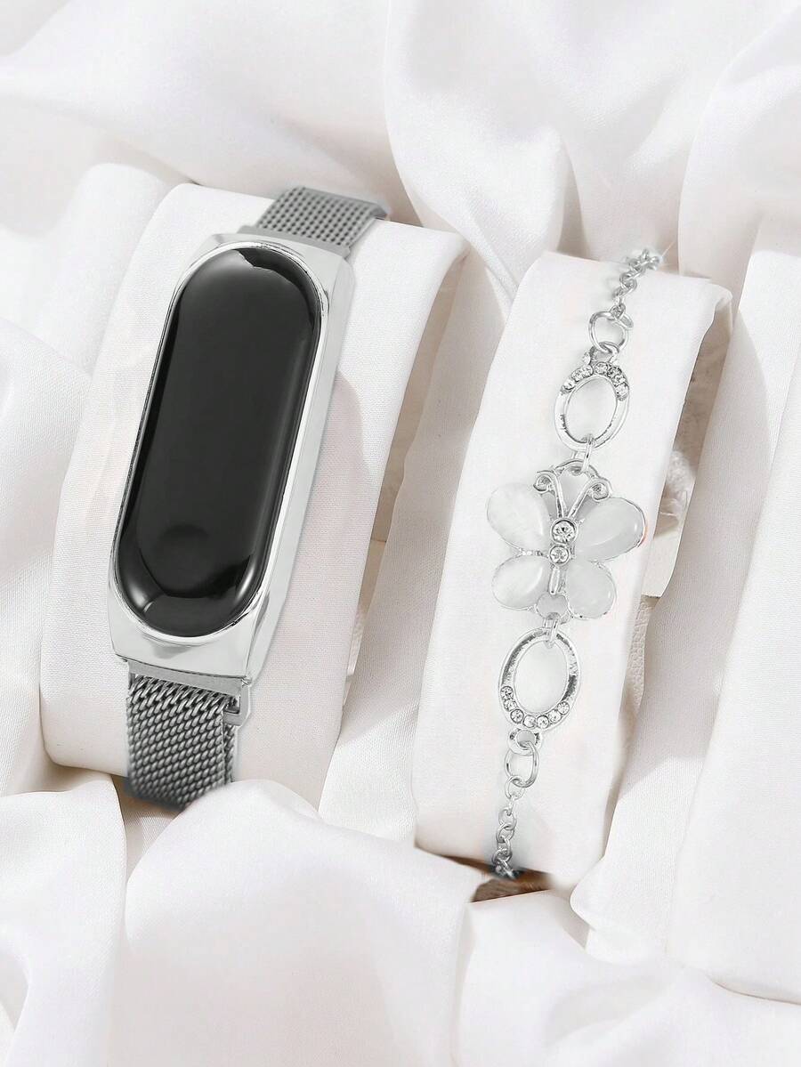 1 Miếng Quý cô Dây đeo lưới Led Đồng hồ Và 1 Miếng Vòng tay - Bạc - Xem 1