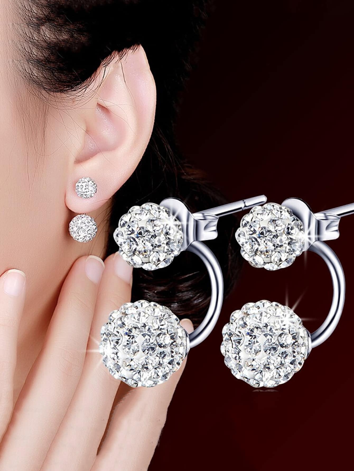 1对水晶球耳钉，派对新娘耳环，情人节配饰 - 白色 - 查看 1