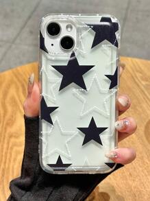1pc Black & White Star Pattern Transparent Air Cushion Full Body Shockproof TPU Fashionable Phone Case Compatible With Iphone11 12 13 14 15 16 17 Pro Max, A55/54/53/52/51, S25/24/23/22/21, Smiling Face - Multicolor - View 1