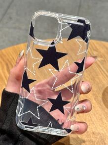 1pc Black & White Star Pattern Transparent Air Cushion Full Body Shockproof TPU Fashionable Phone Case Compatible With Iphone11 12 13 14 15 16 17 Pro Max, A55/54/53/52/51, S25/24/23/22/21, Smiling Face - Multicolor - View 5