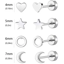 4對/套極簡風格鈦鋼幾何形狀耳釘套裝適合男人及女人 - 銀色 - 查看 2