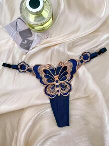 女士性感、透氣、舒適的丁字褲，腰圍可調節，藍色，蝴蝶刺繡性感內衣